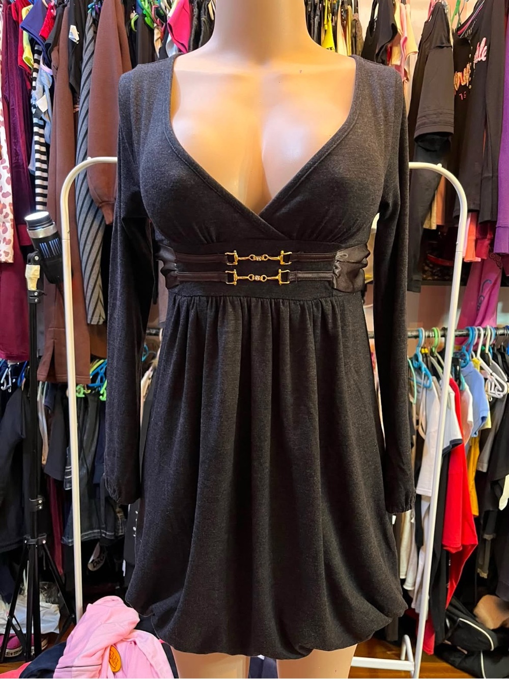 Women's Black Long-Sleeve V-Neck Empire Waist Dress